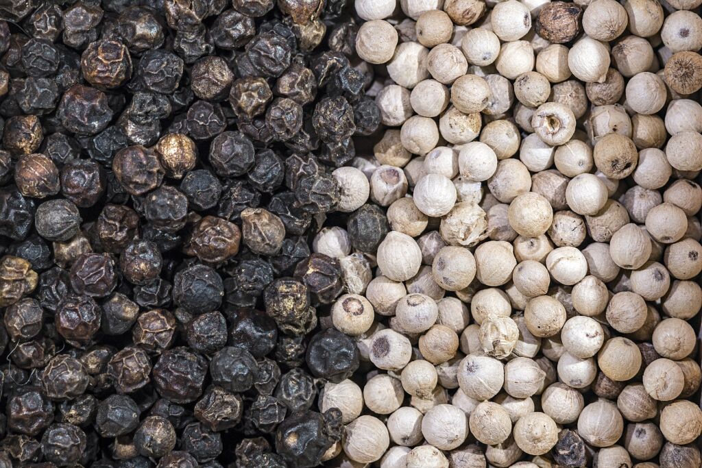 Pepe nero e pepe bianco: la piperina, la sostanza piccante del pepe, aumenta l'assorbimento della curcumina.